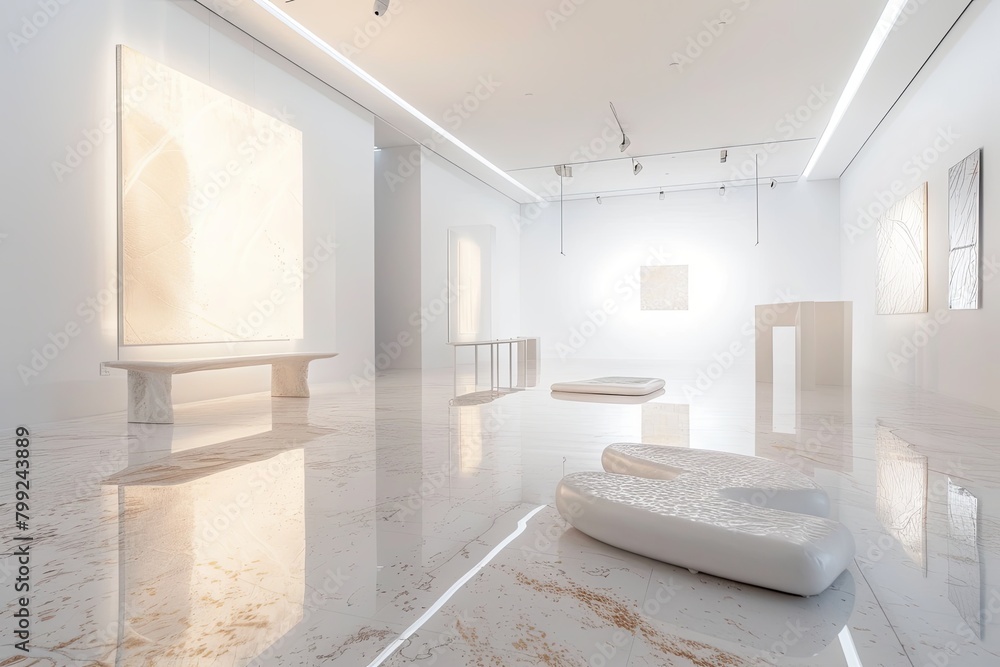 Pure White Reflections: Minimalist Gallery Exhibition Space with Reflective Floors Pure White Reflections: Minimalist Gallery Exhibition Space with Reflective Floors