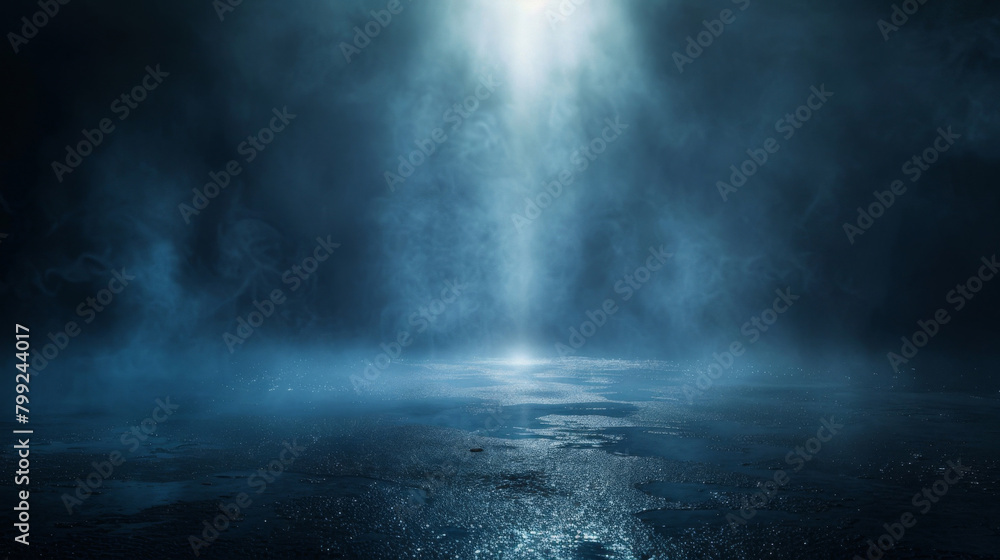 Tranquil and ethereal scene with blue mist over sparkling water in enigmatic lighting
