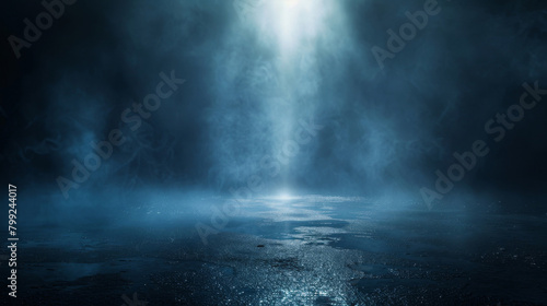 Tranquil and ethereal scene with blue mist over sparkling water in enigmatic lighting