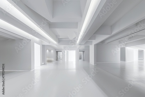 Monochromatic Geometry: Expansive Minimalist White Interior in Abstract Light