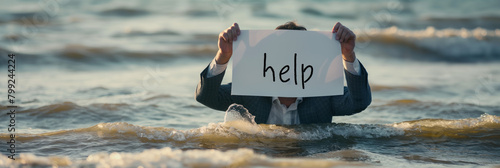 Obraz na płótnie A powerful image depicting a man in water holding a help sign, eliciting a sense of urgency and struggle w salonie