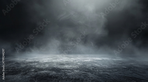 Eerie atmosphere evoked by abstract image of swirling mist and fog over a desolate, dark textured surface