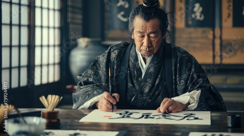 The picture of the calligrapher working inside the building, the calligrapher's work is to use brush and writing text on the paper, this job require skills like brushwork skill and patience. AIG43. photo