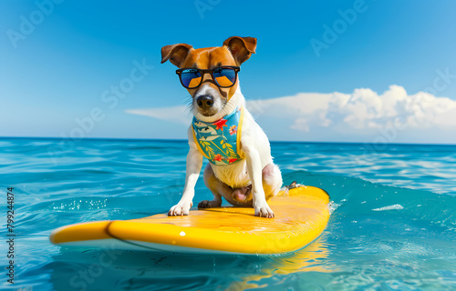 Jack Russell Terrier Puppy Surfing on a Surfboard in the Sea © Boris