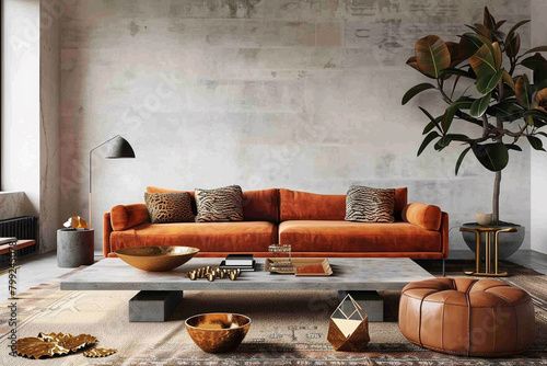 A grand living room in a contemporary mansion, with a tiger orange velvet sofa, a minimalist concrete coffee table, a geometric pouf, gold leaf bowls, a large rubber tree,  photo