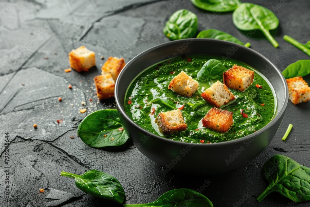 Delicious Spinach Puree Soup with Croutons on Grey Concrete Background. Fresh and Natural Harvest Delicious Spinach Puree Soup with Croutons on Grey Concrete Background. Fresh and Natural Harvest