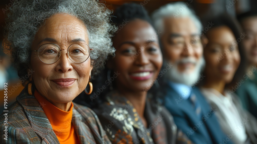 A group of diverse people of different ages are sitting together and smiling at the camera A group of diverse people of different ages are sitting together and smiling at the camera