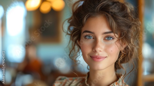A photo of a beautiful young woman with long brown hair and blue eyes, smiling at the camera. photo