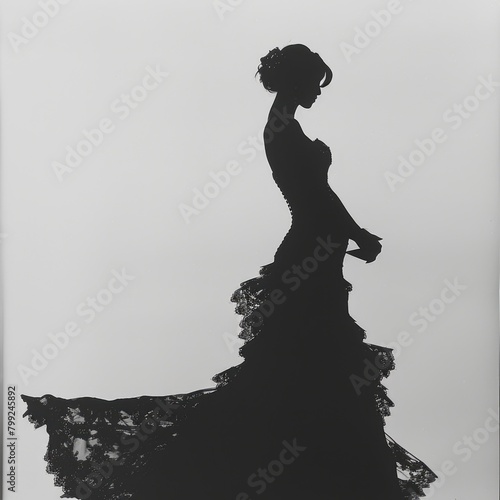 Elegant Silhouette of a Woman in a Beautiful Dress. Dark Background, Graceful Lady photo