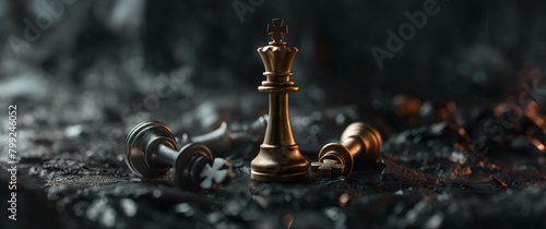 A solitary golden king chess piece stands tall amidst toppled pawns and knights photo