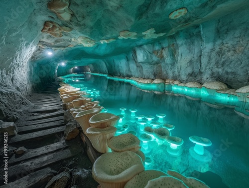 A cave with a blue lighted waterway and a path. The waterway is filled with floating mushrooms