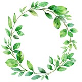 Watercolor Oval Wreath with Fresh Greenery Leaves and Twig Branch for Wedding Invitation Card