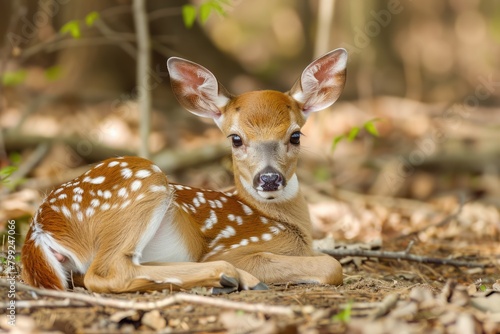 Cute Baby Whitetail Deer Fawn Resting in Natural Wilderness Habitat with its Soft Fur © Serhii