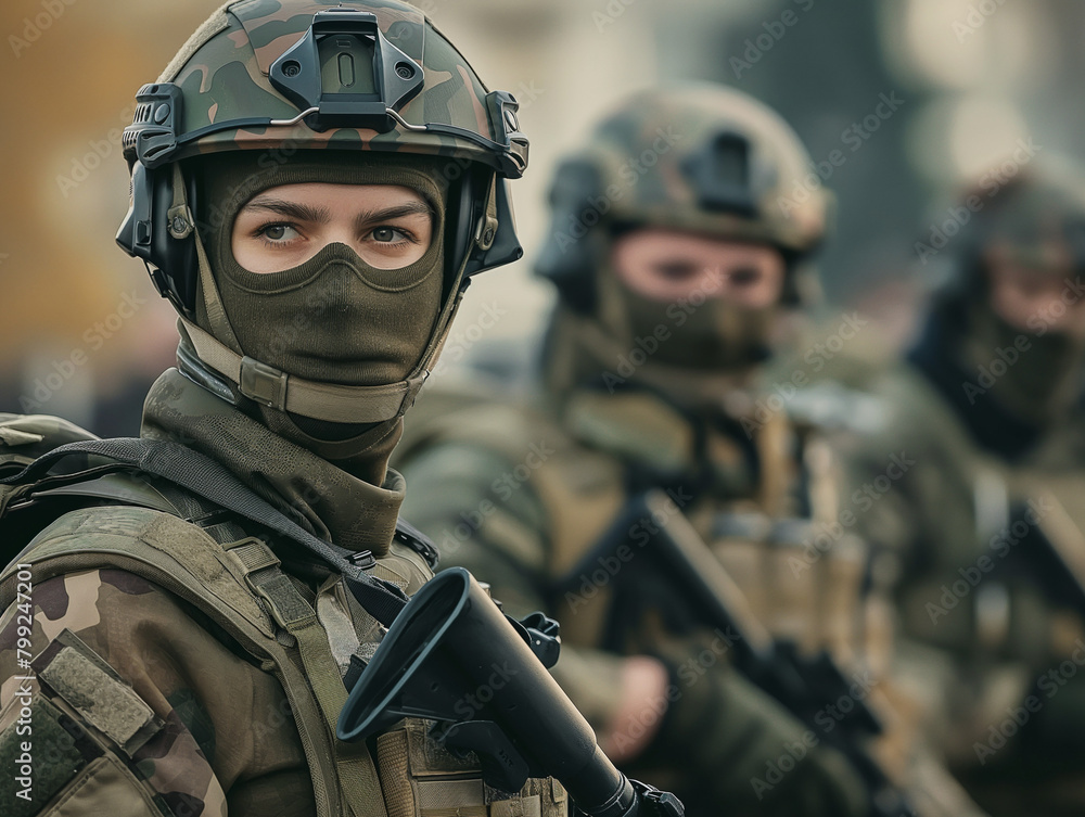A focused soldier in camouflaged gear and helmet, readiness emanates from their vigilant gaze. A focused soldier in camouflaged gear and helmet, readiness emanates from their vigilant gaze.