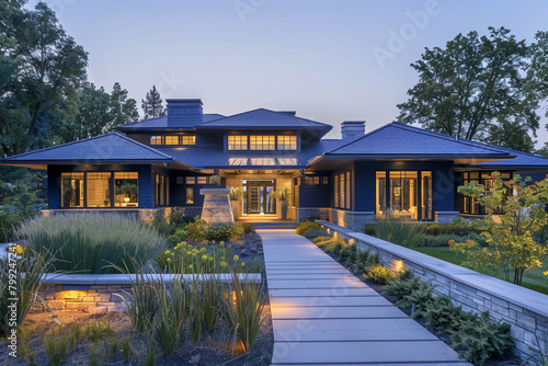 A modern electric blue craftsman cottage style home, featuring a triple pitched roof, with artistic landscaping and a smoothly integrated walkway, highlighting innovative design. photo