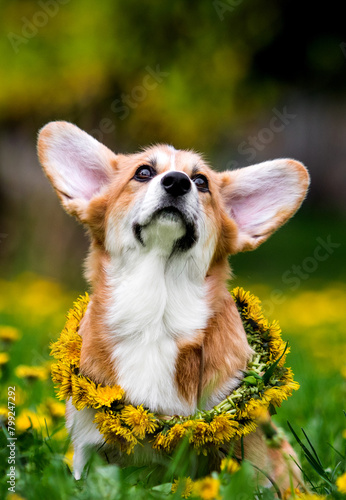 corgi puppy looking up with dandelions