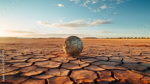 Environmental concept showing a dried earth globe in a barren landscape, emphasizing climate change