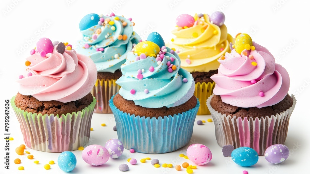 Four cupcakes showcasing various icing colors