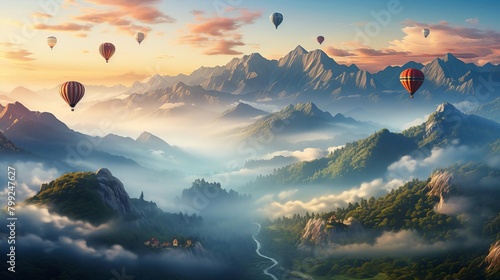 Hot air balloons over a misty mountain landscape at dawn, serene and majestic photo