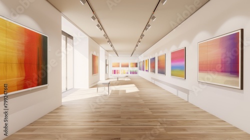 Modern art gallery showcasing colorful minimalist paintings in a bright  spacious interior