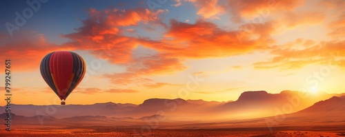 Hot air balloon rising at sunrise, silhouette against a vibrant orange sky