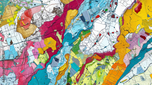 High detail texture of a vibrant, multicolored geological map for educational and scientific use