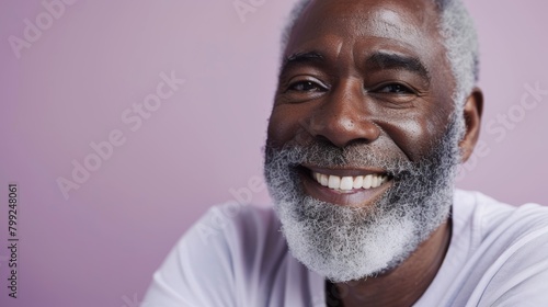 A black man smiles after dentist appointment for teeth whitening or cleaning in studio. Dental facsimile or elderly person with oral hygiene smiles proudly photo