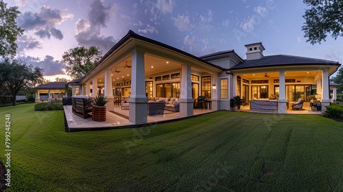Twilight capture of an opulent residence inviting lights refined veranda and lush lawn. © Ibad