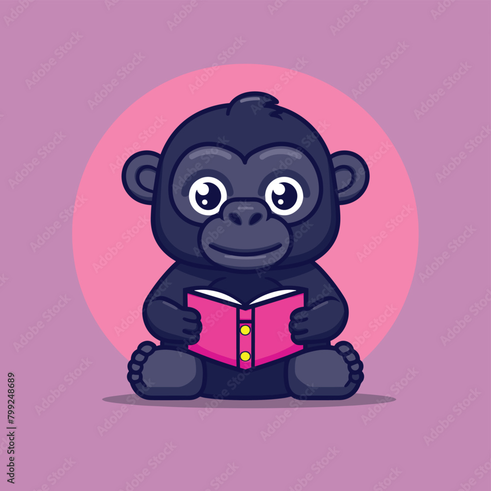 Cute gorilla reading book simple flat vector illustration Cute gorilla reading book simple flat vector illustration