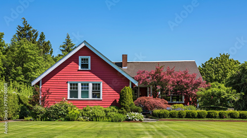 A radiant raspberry red house with siding, surrounded by manicured suburban greenery, under a clear blue sky.