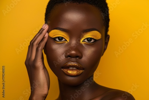 Portrait, makeup, and African girl with glow skincare in yellow studio with closeup background. Woman with lipstick and hand on face for dermatology or wellness.