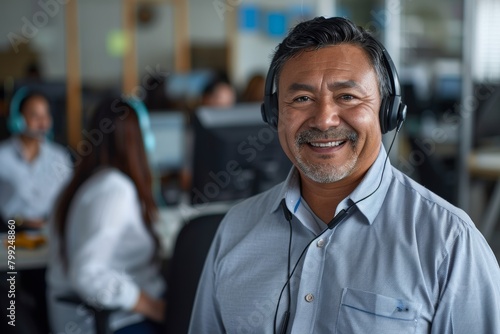 Businessman, contact center, arms crossed, smiling for telemarketing, customer service, or office assistance. Happy, confident man in contact us, consulting, or online hotline support. photo