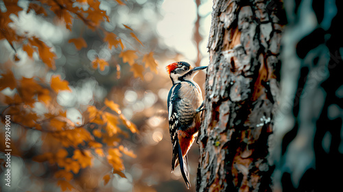 woodpecker perched on a tree performing blows with its beak on the surface of the trunk photo