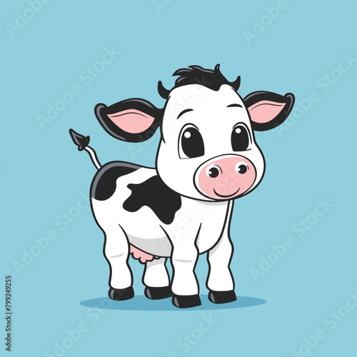 Cute cartoon cow with big eyes standing on a blue background.