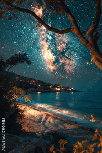 "Celestial Majesty: Capturing the Serene Cloudscape Beneath the Starry Galaxy"，"Starry Serenity: A Majestic Nighttime Seascape"