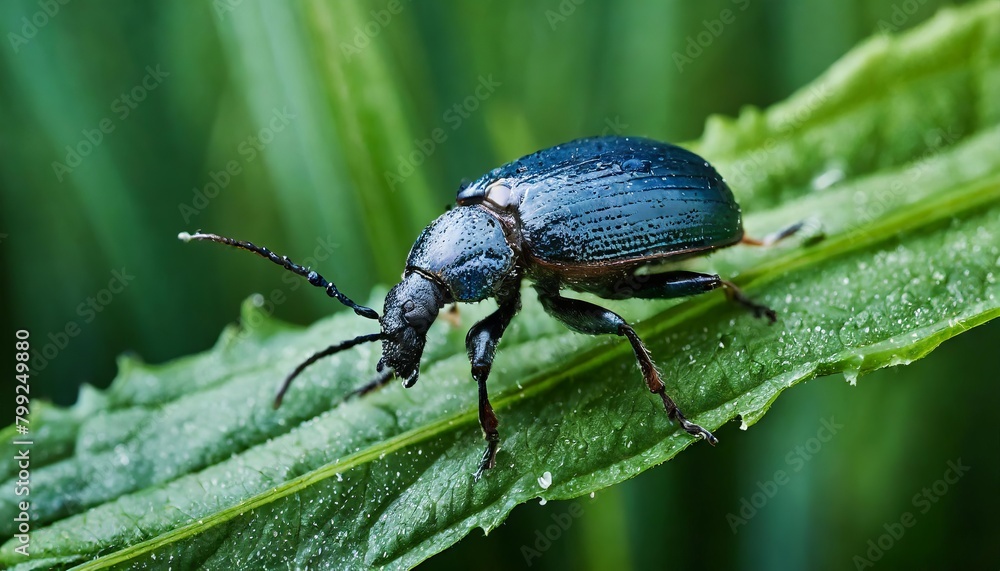 Black beetle on leaves and grass macro photography Black beetle on leaves and grass macro photography