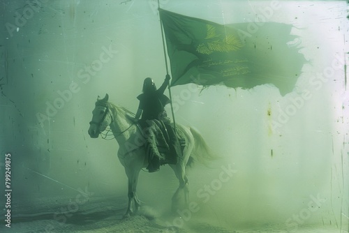 A horseman on his white stallion. He is holding up a green and inscriptions golden islamic flag..