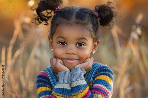 Portrait of charming, adorable, or innocent little girl with hands on face at home. Happy female child, youngster, or teen smiling with teeth at home in happiness, positivism, or nice mood photo