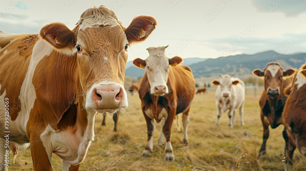 Nature, animals, and cows on a rural farm for eco-friendly agriculture. Meat, dairy, and beef cattle herds in grass fields are sustainable. Nature, animals, and cows on a rural farm for eco-friendly agriculture. Meat, dairy, and beef cattle herds in grass fields are sustainable.