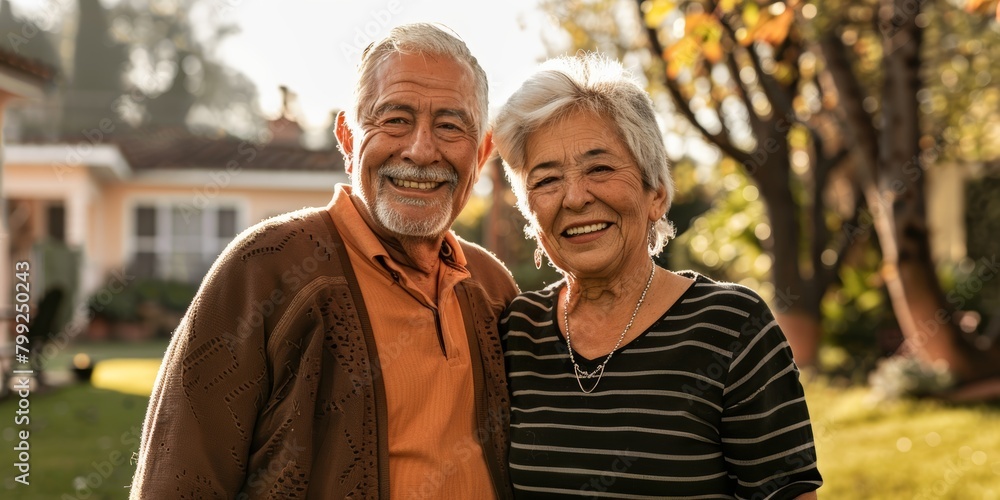 Happy senior couple hugging in garden for bonding, romance, or date in nature. Happy, portrait, and retired Mexican woman and man in garden.
