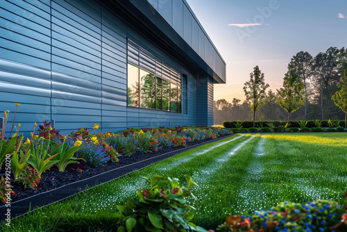 Early morning light casts a soft glow on a blue modern home, the scene tranquil and undisturbed, captured in crisp clarity.