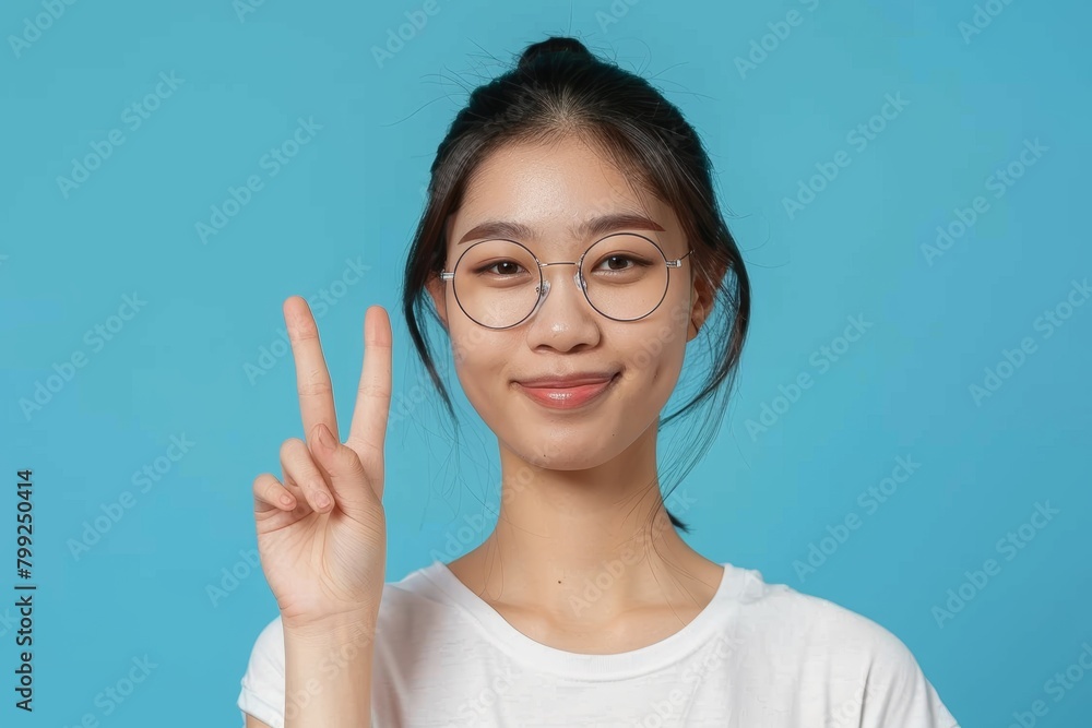 Woman in blue studio background with acceptable hands or sign for learning success, certified, and excellence t-shirt. Portrait of happy young Asian person in glasses and yes or support education Woman in blue studio background with acceptable hands or sign for learning success, certified, and excellence t-shirt. Portrait of happy young Asian person in glasses and yes or support education