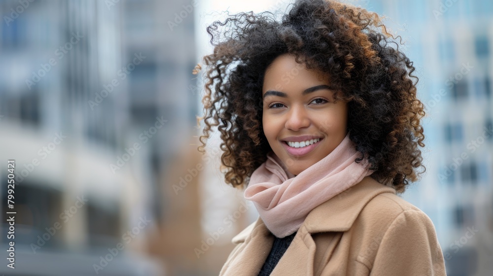 Black woman, business portrait, city travel, smiling on New York street celebrating freedom. Face of young person with natural hair, beauty, and fashion walking among metropolitan structures. Black woman, business portrait, city travel, smiling on New York street celebrating freedom. Face of young person with natural hair, beauty, and fashion walking among metropolitan structures.