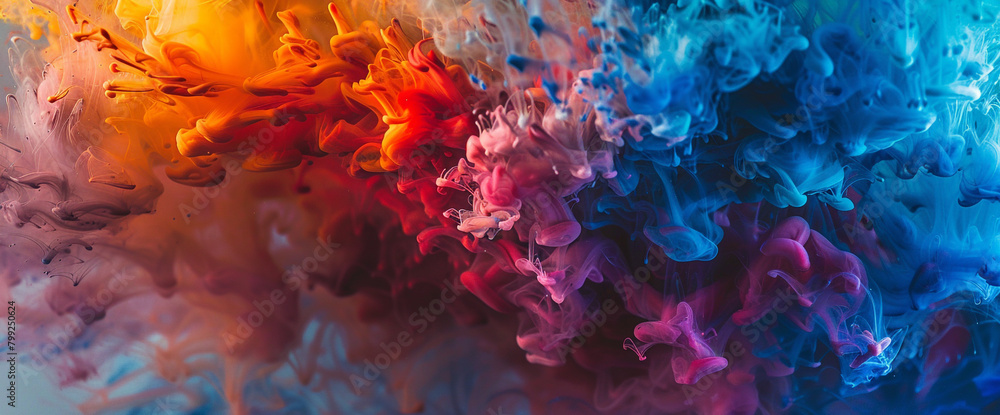 A burst of ink erupts into a symphony of vivid hues, painting an abstract background that mesmerizes the mind.