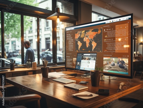 Modern workstation with multiple computer screens displaying data analysis and global communications, concept of remote work, digital nomad lifestyle, and data-driven decision making in a cozy cafe