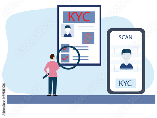 E-KYC verifying the identity of its clients using bio metric identification scanning face and fingerprint recognition. flat vector illustrator.