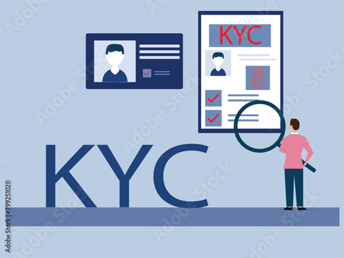 E-KYC verifying the identity of its clients using bio metric identification scanning face and fingerprint recognition. flat vector illustrator.