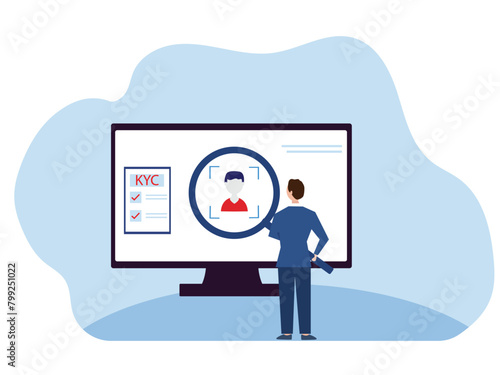 E-KYC verifying the identity of its clients using bio metric identification scanning face and fingerprint recognition. flat vector illustrator.