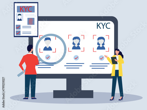 E-KYC verifying the identity of its clients using bio metric identification scanning face and fingerprint recognition. flat vector illustrator.