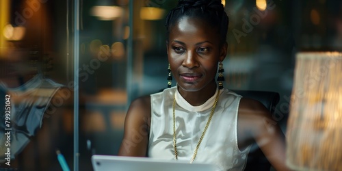 Technological businesswoman typing nightly to fulfill deadline, kpi target, and overtime using laptop and tablet. Black woman, corporate focus, timetable, and overtime. photo
